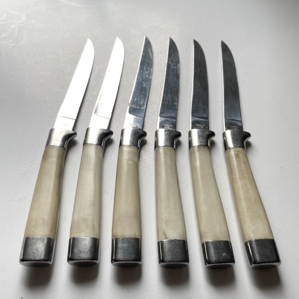 VINTAGE Faux Bone Handle Steak Knives 6 MCM Cream Silver Stainless Steel